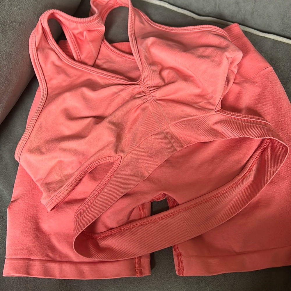 Alphalete Women's Athletic Shorts and Sports Bra Set - Coral Pink